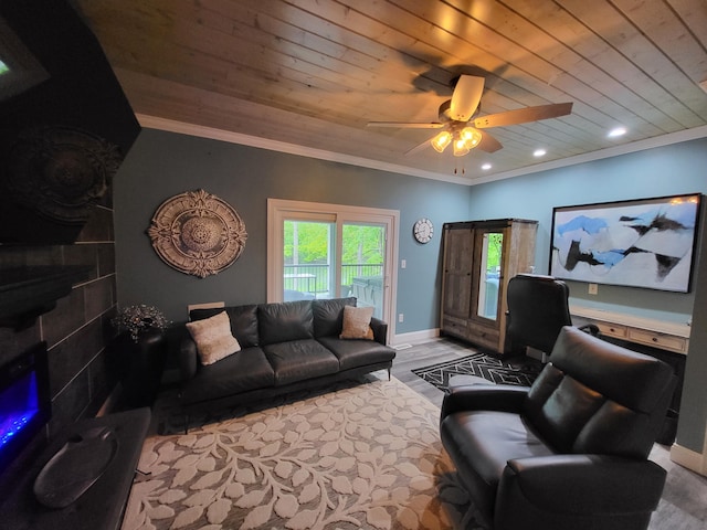 living room with light wood-type flooring, ceiling fan, ornamental molding, and wood ceiling