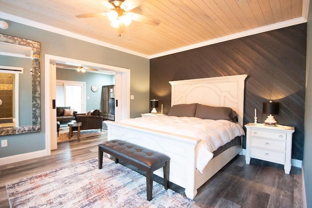 bedroom with ceiling fan, dark hardwood / wood-style flooring, crown molding, wood walls, and wood ceiling