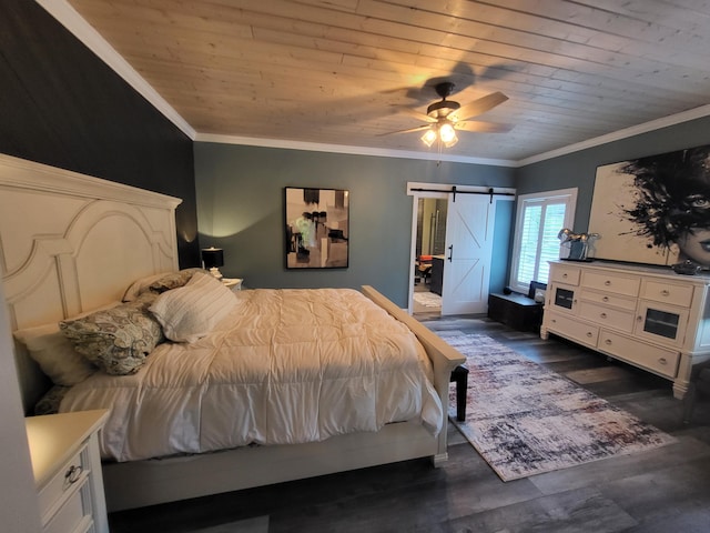 bedroom featuring a barn door, ceiling fan, and wood ceiling