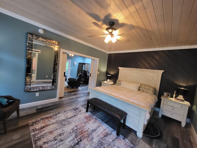 bedroom featuring dark hardwood / wood-style flooring, wooden ceiling, ceiling fan, and crown molding