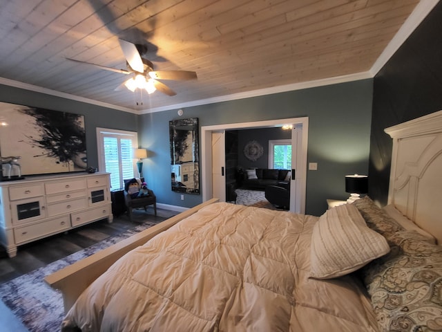 bedroom featuring ceiling fan, dark hardwood / wood-style flooring, wood ceiling, and ornamental molding