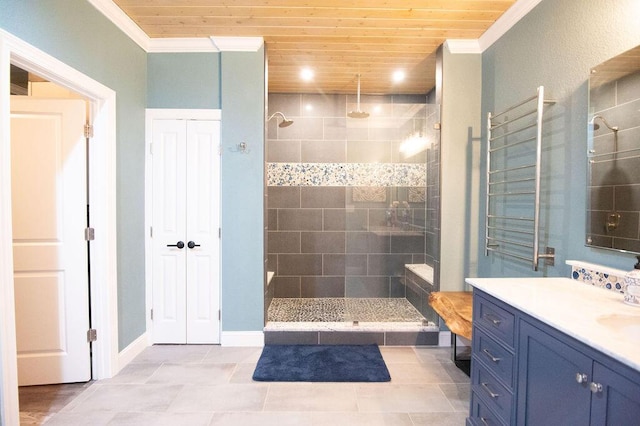 bathroom featuring crown molding, wooden ceiling, and tiled shower