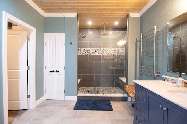 bathroom with vanity, wood ceiling, crown molding, and tiled shower