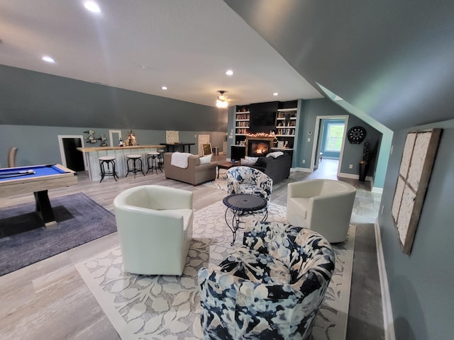 playroom featuring lofted ceiling, a fireplace, and pool table