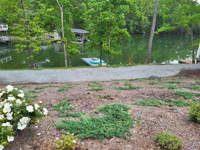 view of yard featuring a boat dock and a water view