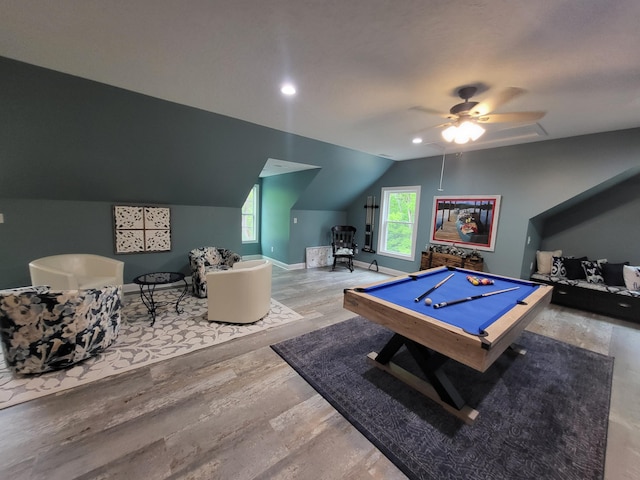 rec room with hardwood / wood-style flooring, ceiling fan, lofted ceiling, and billiards