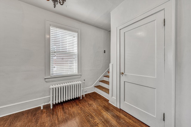 staircase featuring hardwood / wood-style floors and radiator heating unit