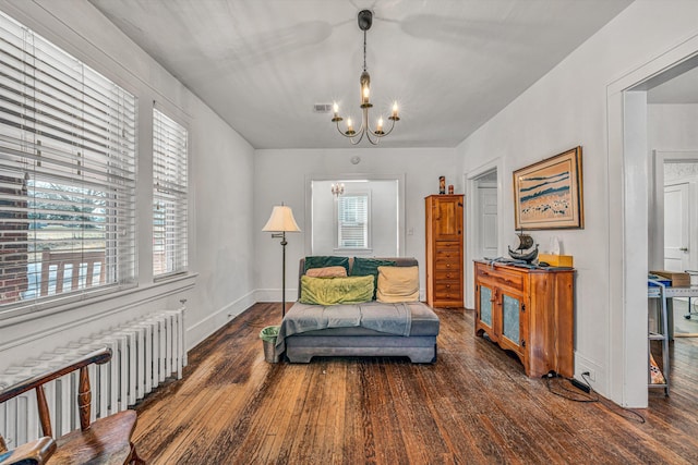 sitting room with a notable chandelier, radiator heating unit, dark hardwood / wood-style floors, and a healthy amount of sunlight