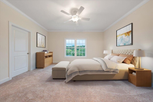 carpeted bedroom with ceiling fan and crown molding