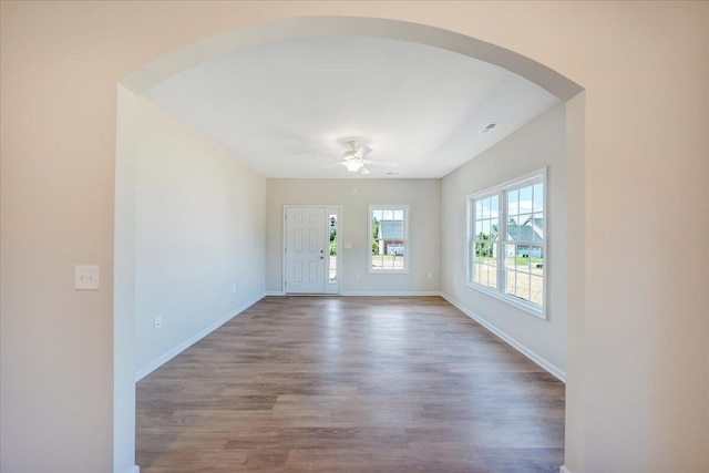 entrance foyer with hardwood / wood-style flooring and ceiling fan