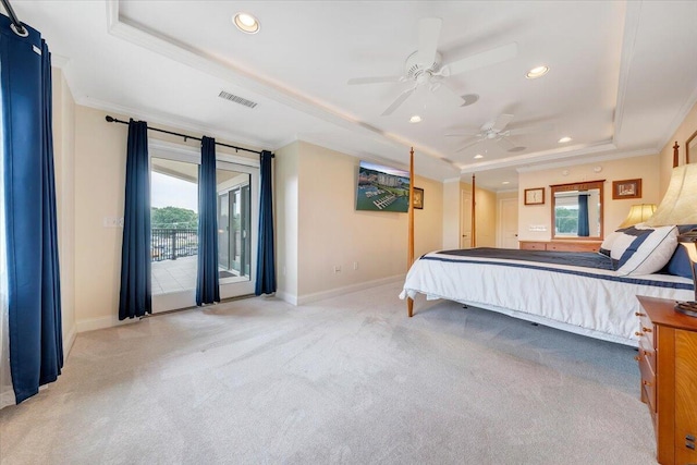 bedroom featuring access to outside, a raised ceiling, crown molding, ceiling fan, and light carpet