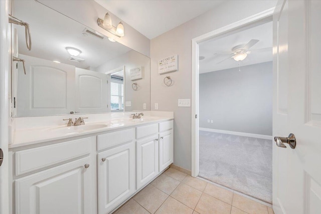 bathroom featuring vanity, tile patterned flooring, and ceiling fan