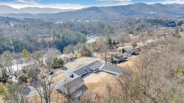 drone / aerial view featuring a mountain view