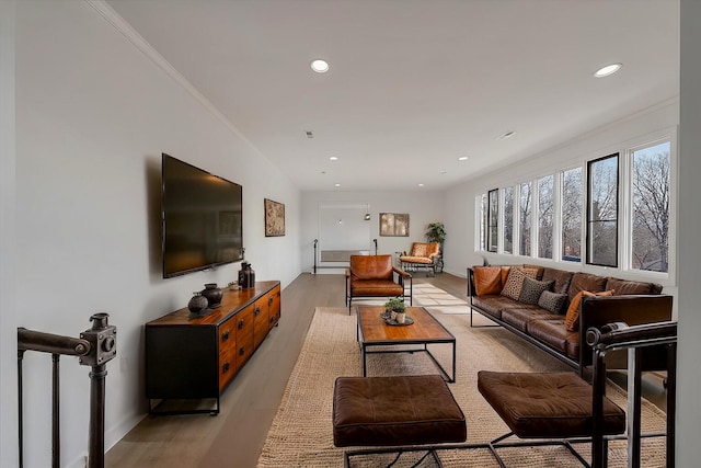 living room with crown molding and light wood-type flooring