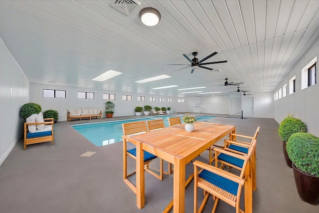 view of pool with a skylight