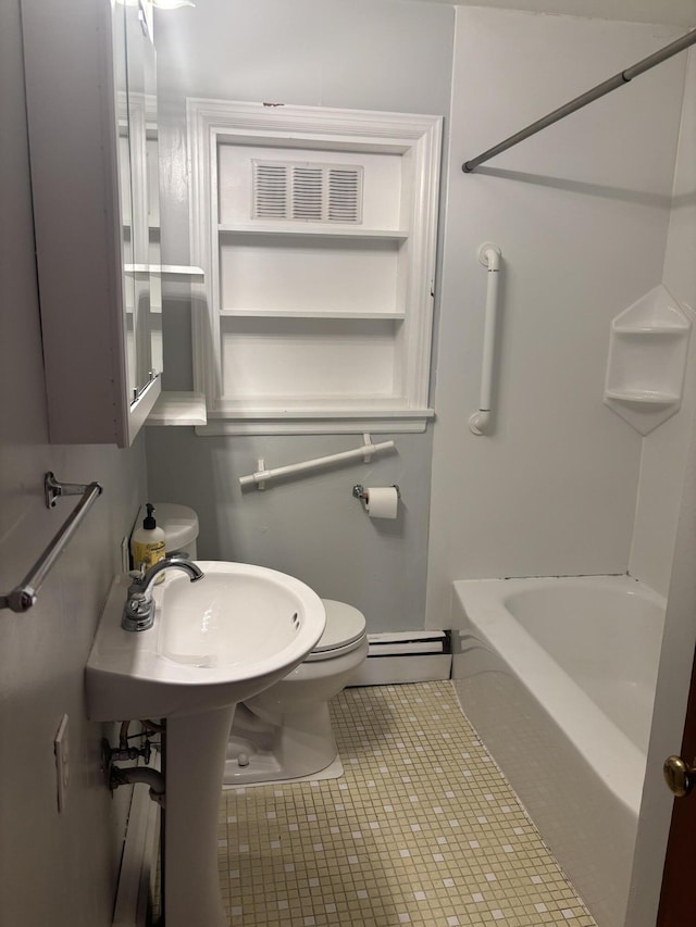 full bath with visible vents, tile patterned flooring, shower / bath combination, a baseboard heating unit, and toilet