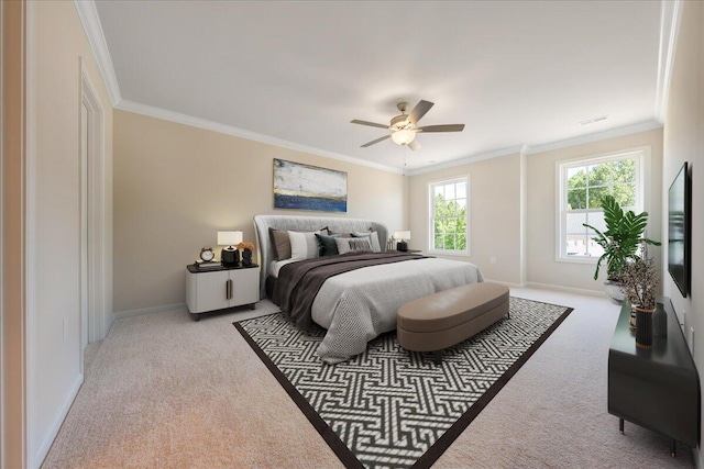 bedroom featuring light carpet, ceiling fan, and crown molding