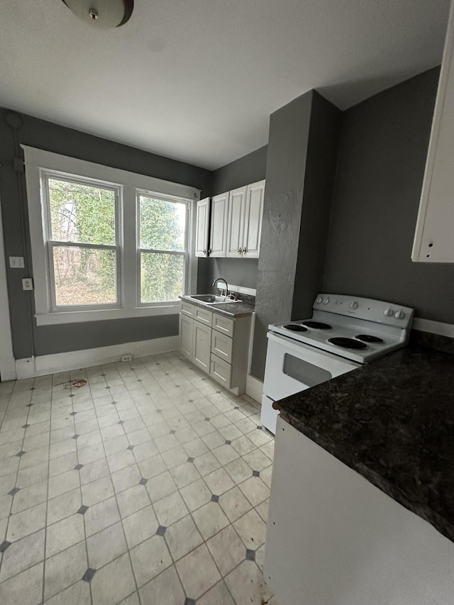 kitchen featuring white cabinetry, sink, and white electric range