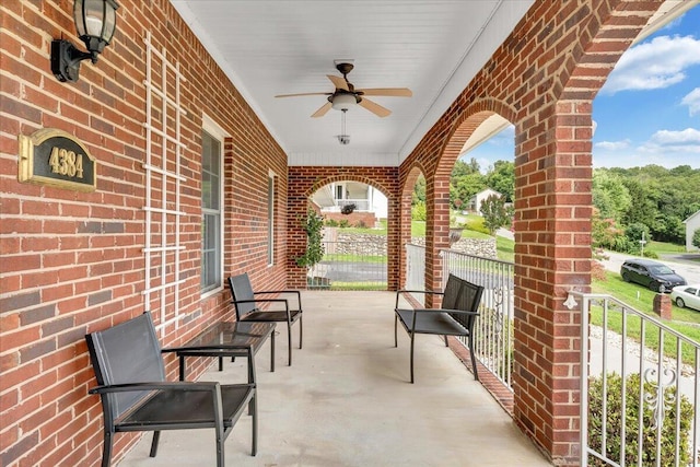 view of patio / terrace featuring ceiling fan and a porch