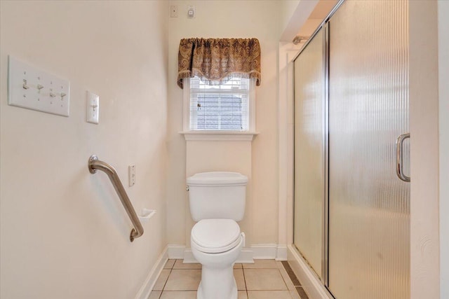 bathroom with toilet, an enclosed shower, and tile patterned floors