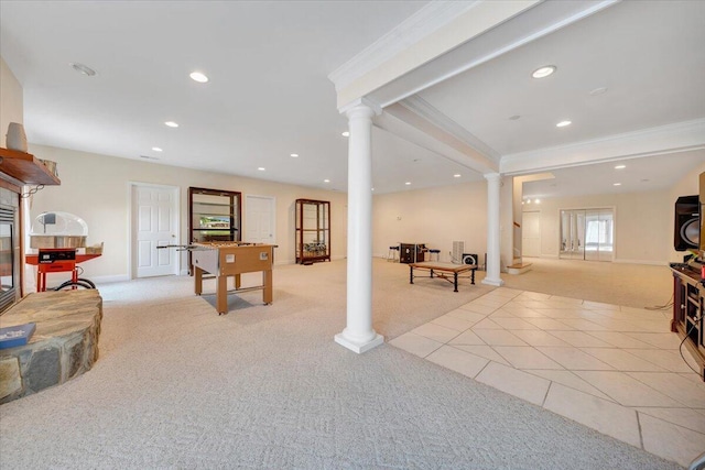 rec room with light tile patterned flooring, decorative columns, and crown molding