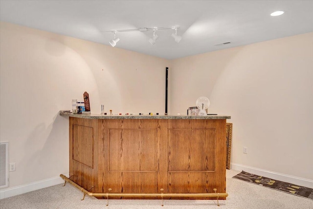 bar featuring track lighting and carpet flooring