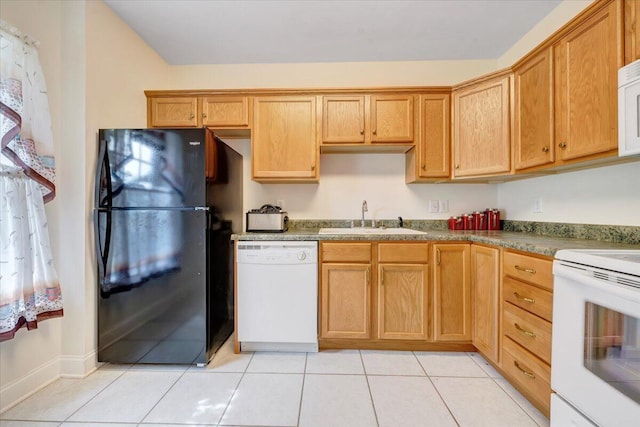 kitchen featuring white appliances, light tile patterned flooring, and sink