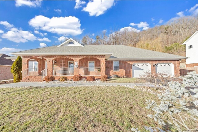 ranch-style house with a porch, a front lawn, and a garage