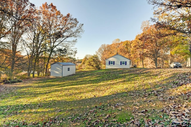 view of yard featuring a shed