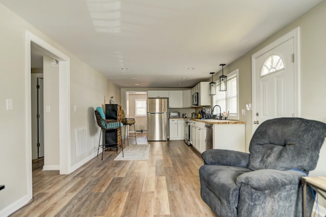 living room featuring light wood-type flooring and sink