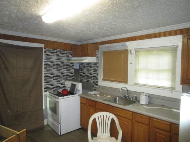 kitchen featuring a textured ceiling, white stove, ornamental molding, and sink