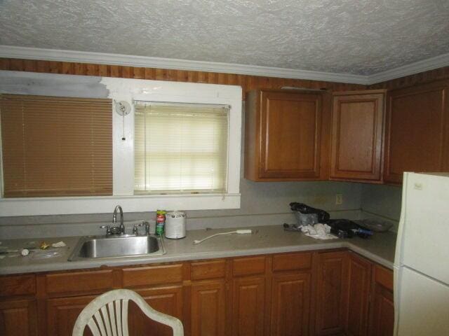 kitchen featuring white refrigerator, crown molding, and sink