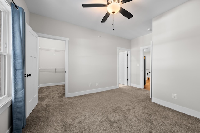 unfurnished bedroom featuring a walk in closet, ceiling fan, a closet, and carpet floors