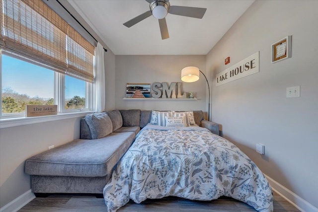 bedroom featuring ceiling fan and dark hardwood / wood-style floors