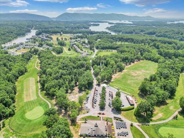 drone / aerial view featuring a water and mountain view