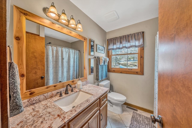 bathroom with toilet, tile patterned floors, and vanity