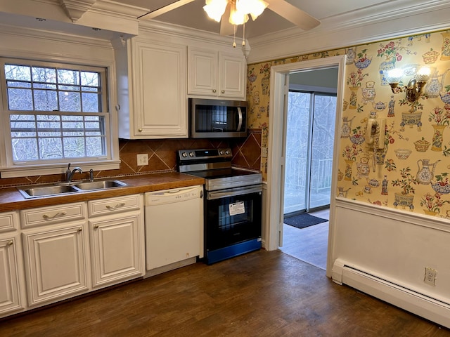 kitchen featuring stainless steel electric range oven, tasteful backsplash, dishwasher, white cabinetry, and ceiling fan