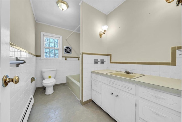 kitchen with stainless steel electric stove, baseboard heating, ceiling fan, sink, and white cabinetry