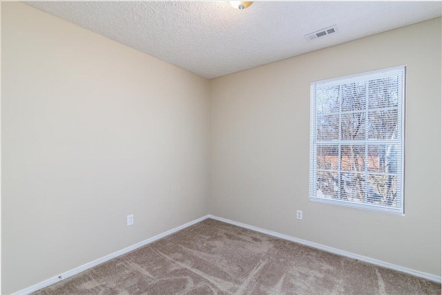 unfurnished room with a textured ceiling and light carpet