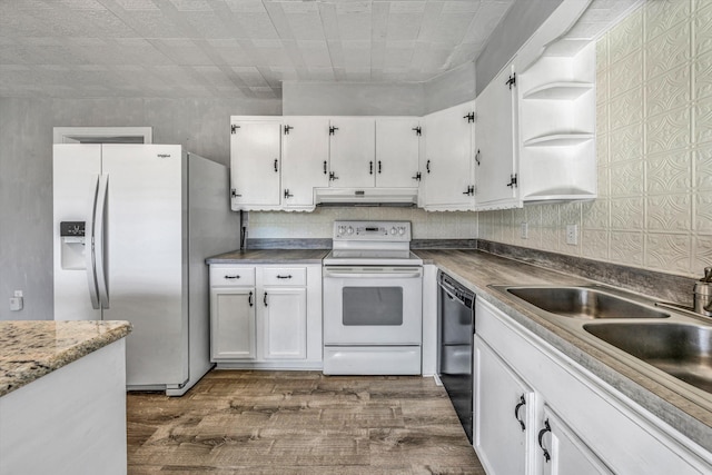 kitchen with dishwasher, refrigerator with ice dispenser, electric range, dark hardwood / wood-style flooring, and white cabinets