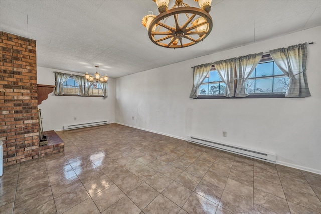 unfurnished living room with a baseboard radiator, a textured ceiling, and a chandelier