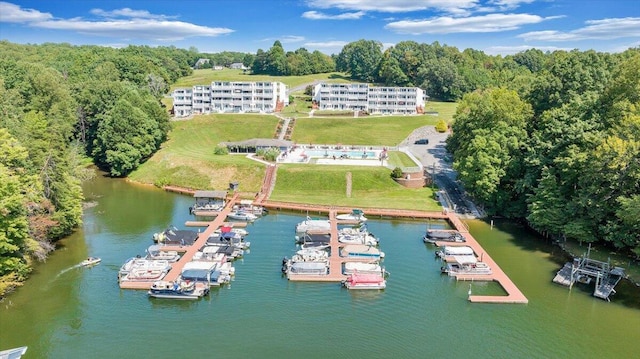 bird's eye view with a water view