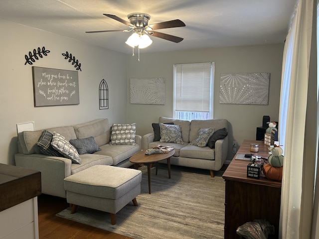 living room featuring ceiling fan and hardwood / wood-style floors