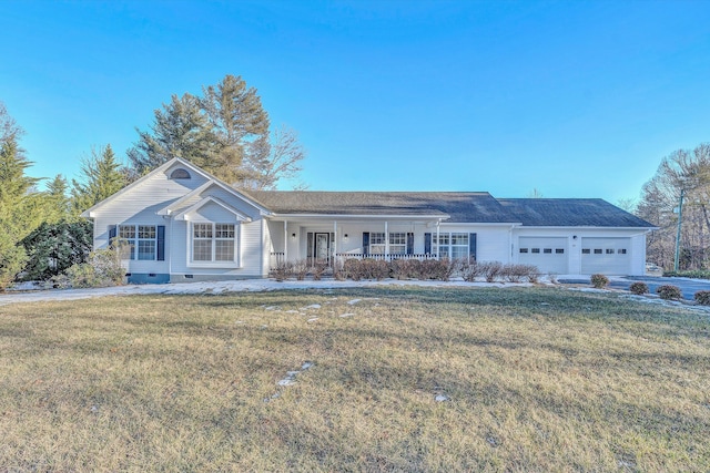 ranch-style house featuring a front lawn, a garage, and a porch