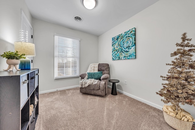 sitting room featuring carpet flooring