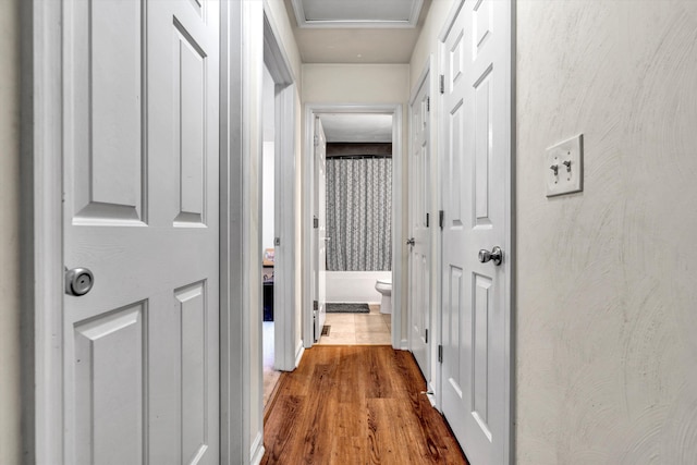 corridor with hardwood / wood-style flooring