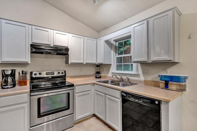 kitchen featuring light tile patterned floors, black dishwasher, electric stove, vaulted ceiling, and sink