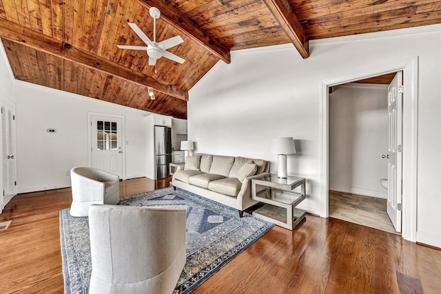 living room with hardwood / wood-style flooring, ceiling fan, wood ceiling, and vaulted ceiling with beams