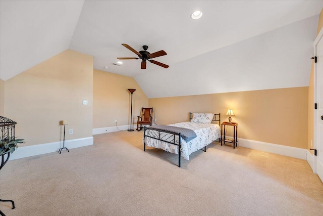 bedroom with carpet floors, baseboards, vaulted ceiling, and recessed lighting