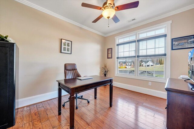 office area featuring visible vents, baseboards, light wood-style flooring, and crown molding